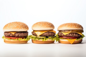 a row of cheeseburgers on a white surface