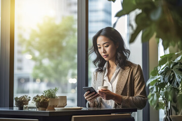 A businesswoman using a cell phone at a table