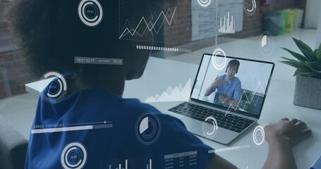 Animation of financial data processing over african american businesswoman on laptop video call - Powered by Adobe