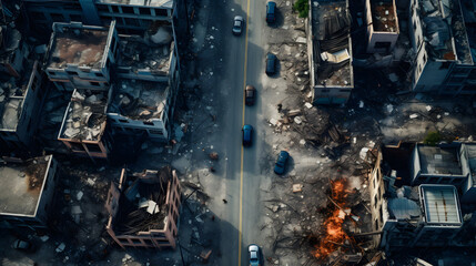 Aerial view of the city destroyed by the fire. Concept of disaster - obrazy, fototapety, plakaty