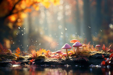 Autumn seasonal background, little mushrooms growing on forest floor in wet moss and fallen leaves, beside a pond under rain drops and autumnal sun - Fall season magical ambience - obrazy, fototapety, plakaty