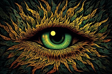 a green eye with yellow flames