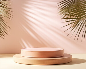 Minimalist wooden podium pedestal with palm tree leaves background for product display, Packaging showcase, Pink colored tone. Generative AI