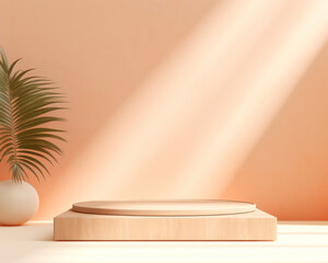 Minimalist wooden podium pedestal with palm tree leaves background for product display, Packaging showcase, Beige colored tone. Generative AI