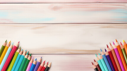 Obraz premium Top view colored pencils on a wooden background, Back to school, Stationery, School supplies frame, Art education, Copy space. Generative AI