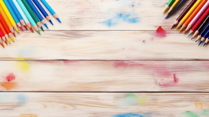 Obraz premium Top view colored pencils on a wooden background, Back to school, Stationery, School supplies frame, Art education, Copy space. Generative AI