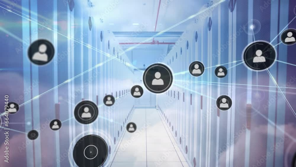 Poster animation of network of connections with icons over computer servers