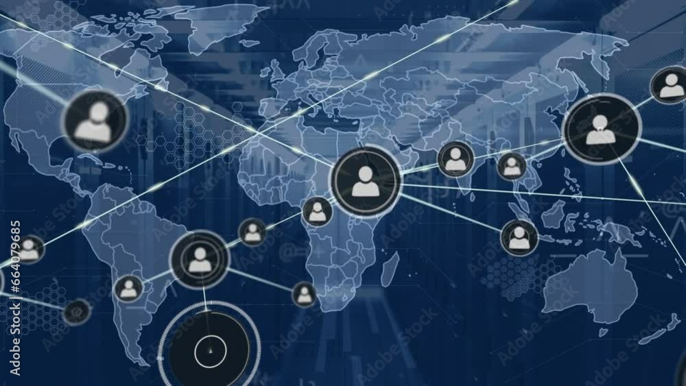 Poster animation of network of connections with icons over world map and computer servers