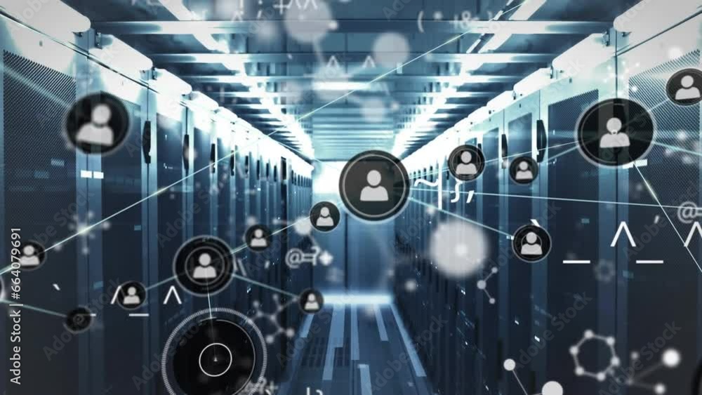 Poster animation of network of connections with icons over computer servers