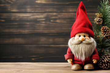 Handcrafted Christmas gnome figurine near fir tree with cones on table against dark barn wood boards wall background with copy space. Scandinavian winter decoration, nordic dwarf with red hat.