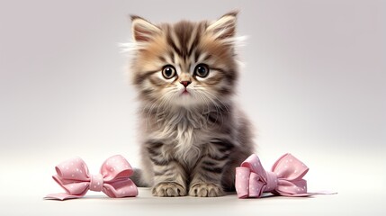  a small kitten sitting next to a pink bow on a white background.  generative ai