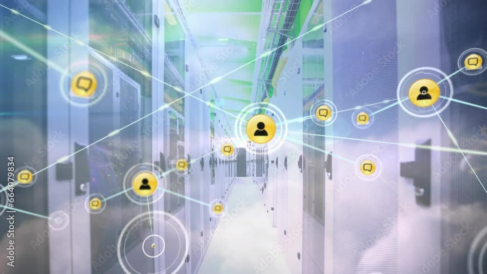 Poster animation of network of connections with icons over computer servers