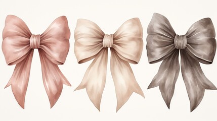  three bows of different colors on a white background, one of which is pink, one of which is grey.  generative ai