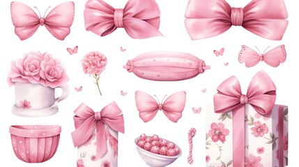  a set of pink bows and objects for a girl's birthday.  generative ai