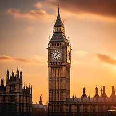 a clock tower with a large clock on it with Big Ben in the background - obrazy, fototapety, plakaty