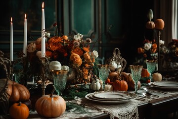 Thanksgiving table setting, elegant dinner table with pumpkins and candles generative ai.