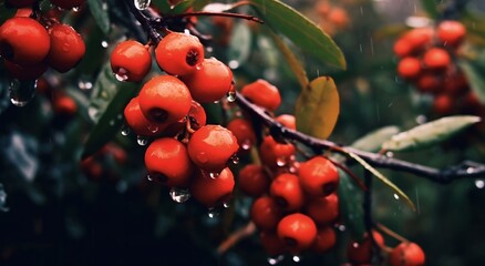 Branch with red berries frozen, generative ai.