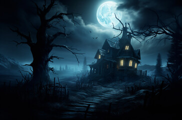 The Witching Hour: The full moon and dark clouds in the sky create an eerie atmosphere, perfect for witches and warlocks.