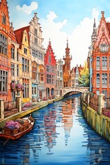 a water canal with Bruges and buildings