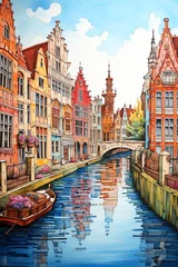 Foto op Canvas a water canal with Bruges and buildings © ion