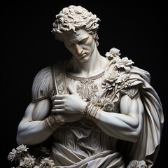 a statue of a man with flowers on his chest - obrazy, fototapety, plakaty