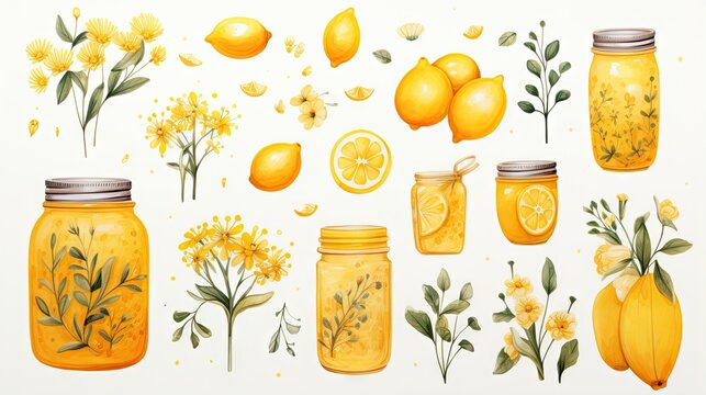 a painting of lemons, flowers, and mason jars.  generative ai