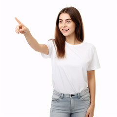 a joyful girl points to something stands on a white