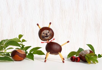 Cute cat made of chestnuts. Creative fun in autumn time