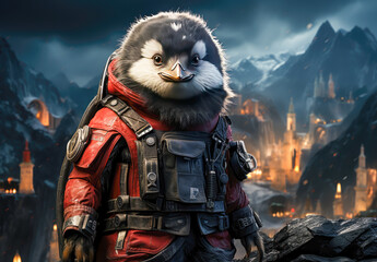 Fototapeta na wymiar an advanced penguin in the future wearing red fur, a city in the mountains in the background