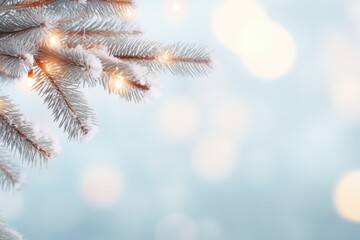 Winter blue banner. warm light of bokeh garland. Christmas tree branch. Postcard. Background. Wallpaper. Place for text
