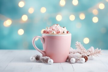 Obraz na płótnie Canvas Christmas background. New Year wallpaper. Pastel mug of coffee with marshmallow and whipped cream. Warm light bulbs garlands bokeh.