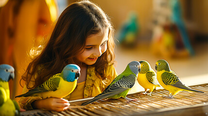 Petit fille jouant avec des oiseaux et perruches - obrazy, fototapety, plakaty
