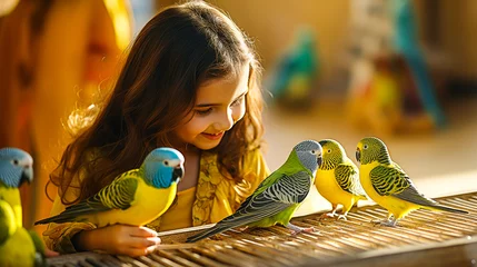 Foto op Aluminium Petit fille jouant avec des oiseaux et perruches © Concept Photo Studio