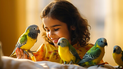 Petit fille jouant avec des oiseaux et perruches