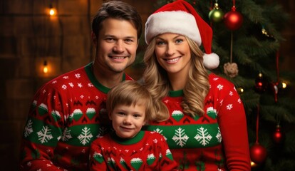 Fototapeta na wymiar Family in Christmas sweaters. mom, dad, child. New Year family holiday
