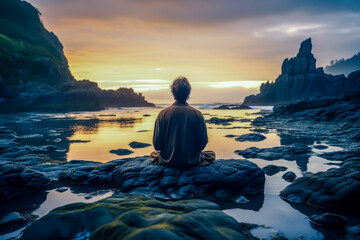 meditation life, a person meditating in different places,