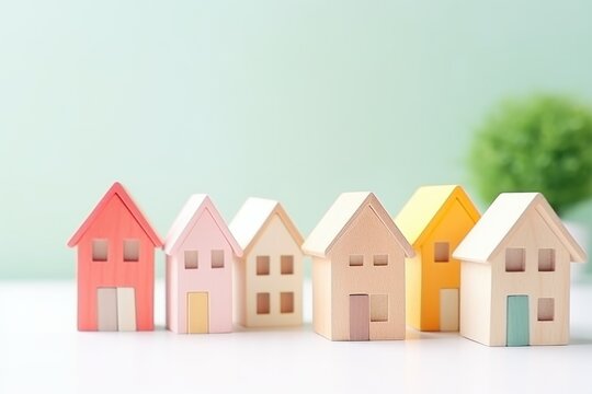 Toy village with many colored miniature houses. Real estate sale concept, mortgage, real estate services
