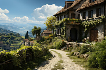Fototapeta na wymiar A charming European village nestled among rolling hills and vineyards, radiating old-world charm. Concept of European countryside. Generative Ai.