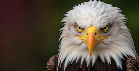 Obraz premium Eagle with keen gaze. Wild bird. On green background with copy space. Close up of bald eagle intense gaze, sharp, beady eyes, distinctive plumage. Design for poster, banner, landing page presentation