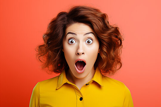 Femme tr&egrave;s surprise et &eacute;tonn&eacute;e avec des grands yeux et la bouche ouverte, 