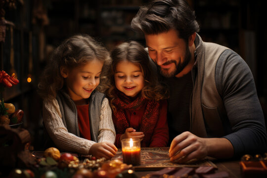 A family decorating their home with candles and traditional St. Lucia's Day symbols, creating a warm and inviting atmosphere. Generative Ai.