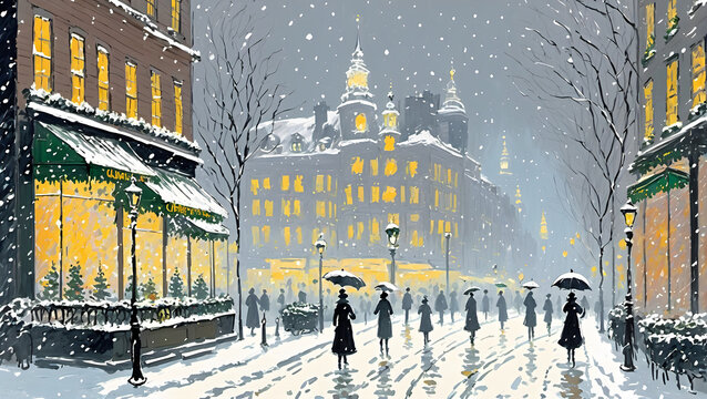 Snowy City Landscape During Christmas Painting Generated by AI