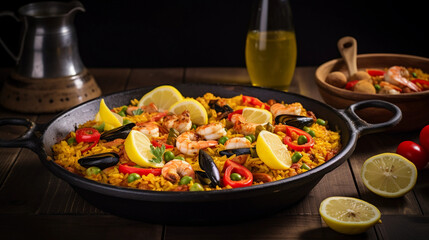Spanish paella, vibrant colors, seafood prominently featured, nestled in a traditional pan on a rustic wood table, garnished with lemon wedges, olive oil bottle