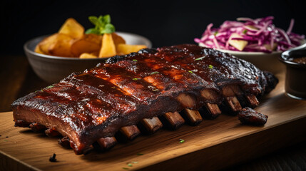 American BBQ, close - up of ribs glazed in sauce, cornbread and coleslaw on the side, smoke visible, aged wood backdrop