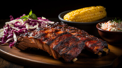 American BBQ, close - up of ribs glazed in sauce, cornbread and coleslaw on the side, smoke visible, aged wood backdrop