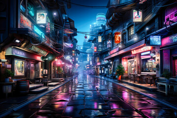 a street at night with neon and advertising, cyberpunk style