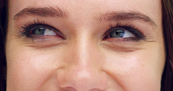 Woman, eyes and thinking in closeup, zoom and face for vision, memory or choice with change for skin. Girl, facial macro and eyebrow with ideas, remember or decision with problem solving for solution