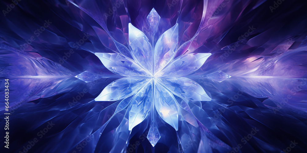 Poster crystal - like fractal patterns in a kaleidoscope, cool color palette of blues and purples