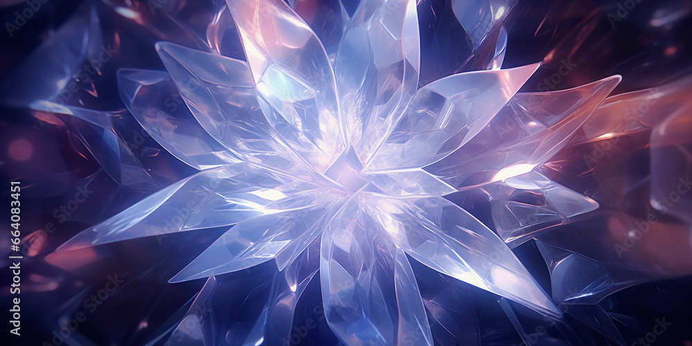 Poster crystal - like fractal patterns in a kaleidoscope, cool color palette of blues and purples