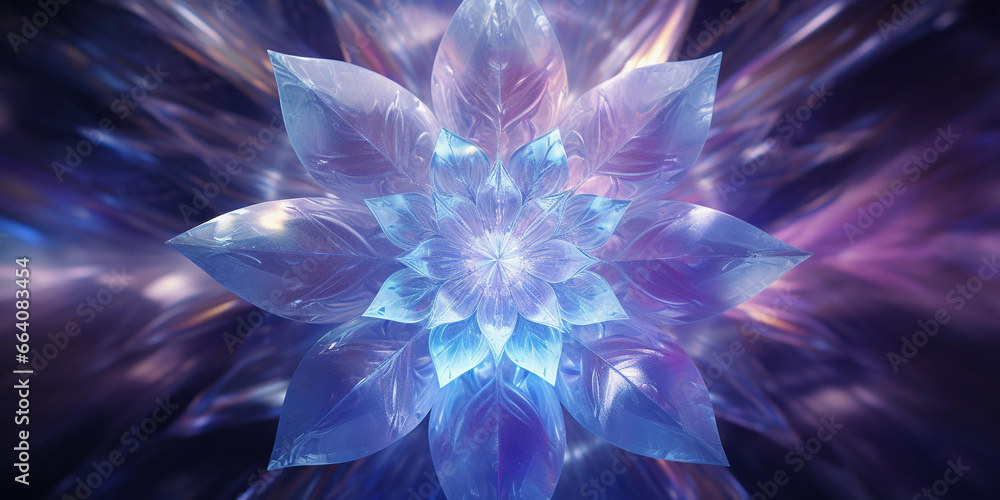 Poster crystal - like fractal patterns in a kaleidoscope, cool color palette of blues and purples
